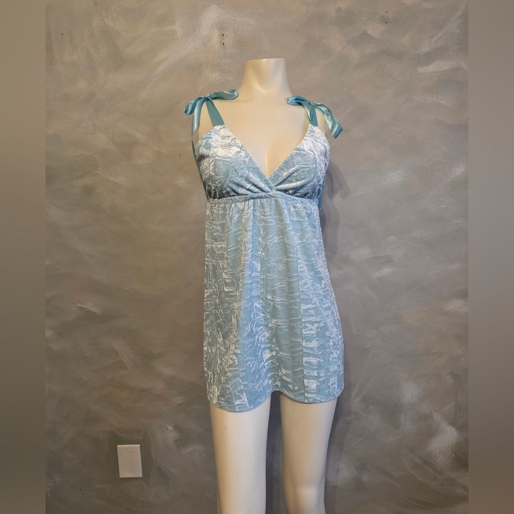 Vtg Victoria's Secret Y2K Blue Velvet Babydoll Mini Dress Satin Bow Strap S